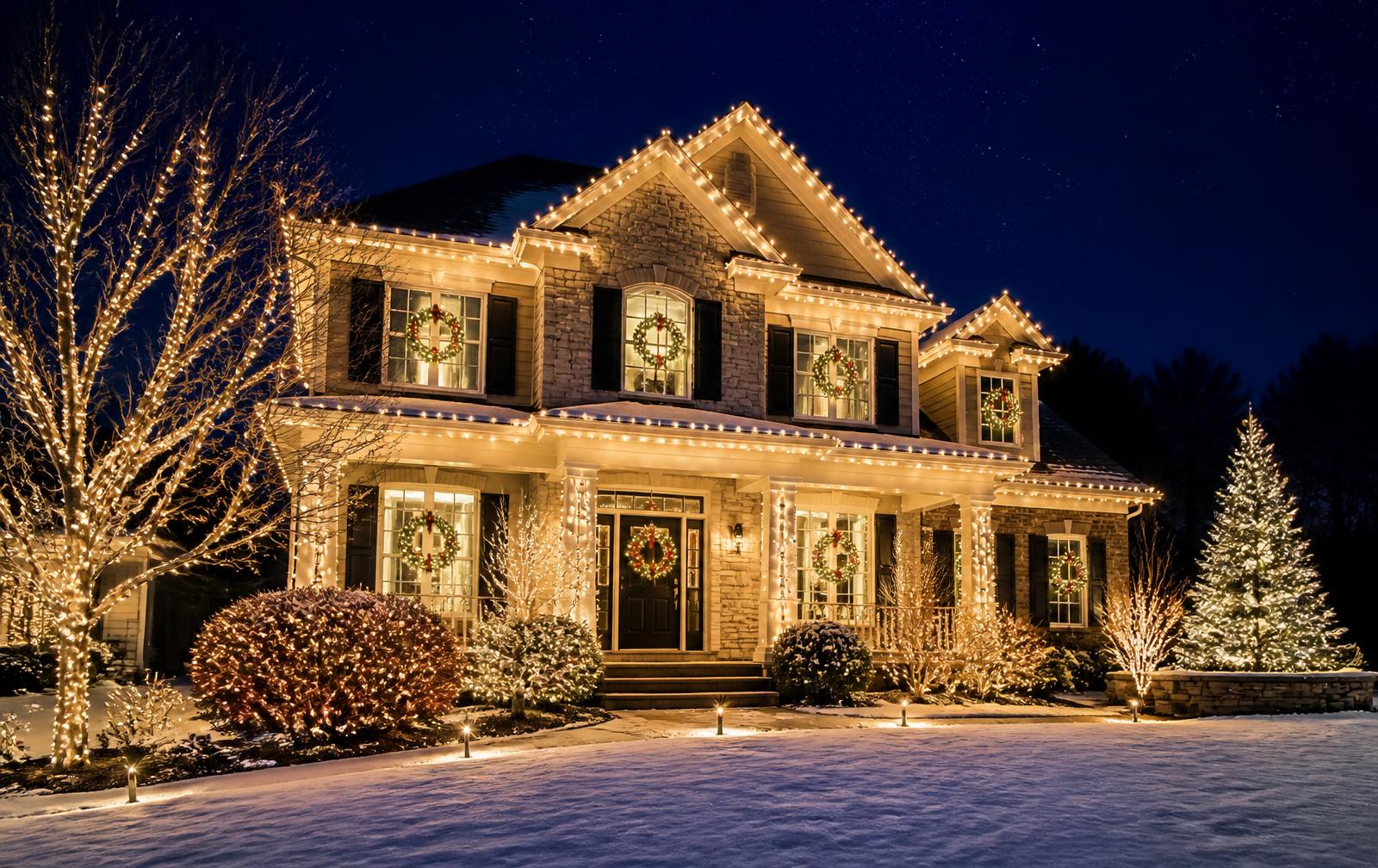 Home with warm white Christmas lights outlining the roofline at night